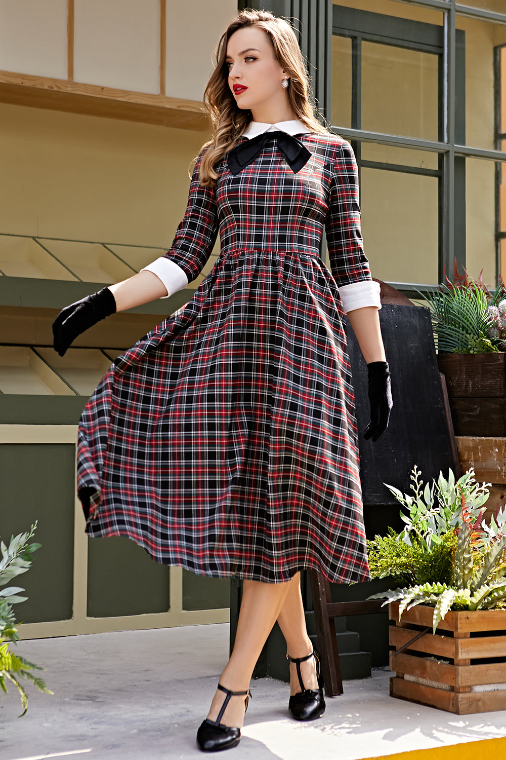 Vintage Black Plaid Midi Swing Dress
