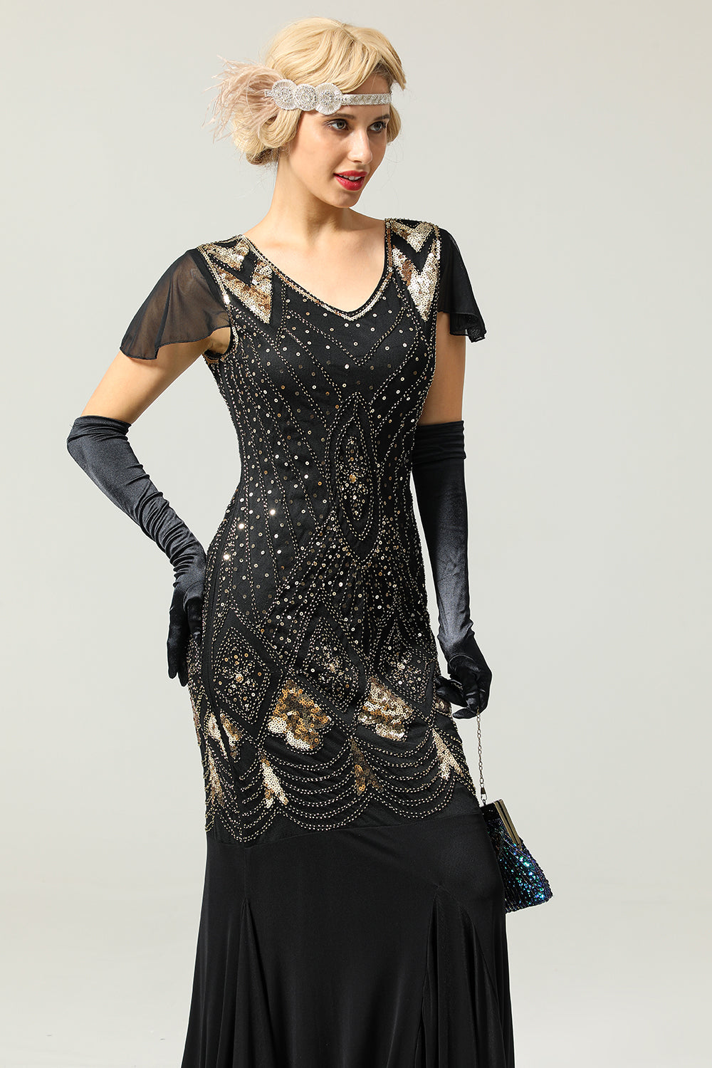 Black 1920s Sequins Flapper Long Dress