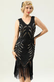 Women Black 1920s Fringe Gold Sequin Dress