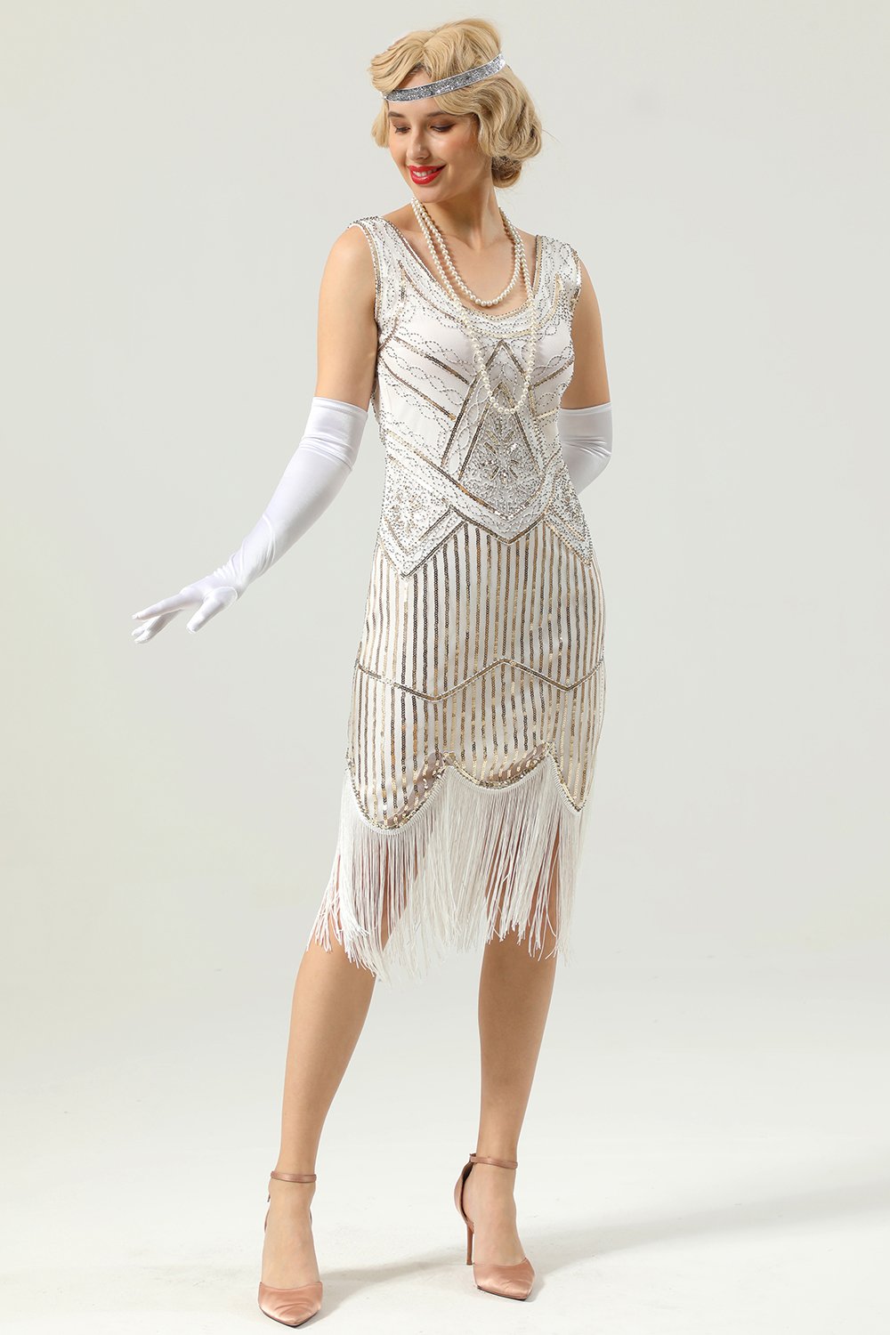 White 1920 Retro Sequin Fringe Dress