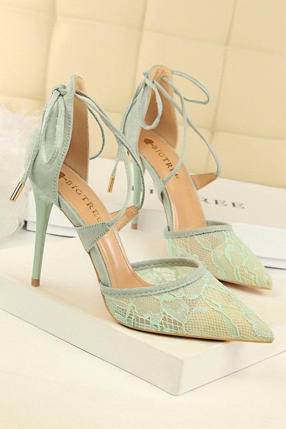 Shallow Pointed Toe Mesh Lace Cross Strap High Heels