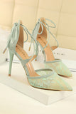 Shallow Pointed Toe Mesh Lace Cross Strap High Heels