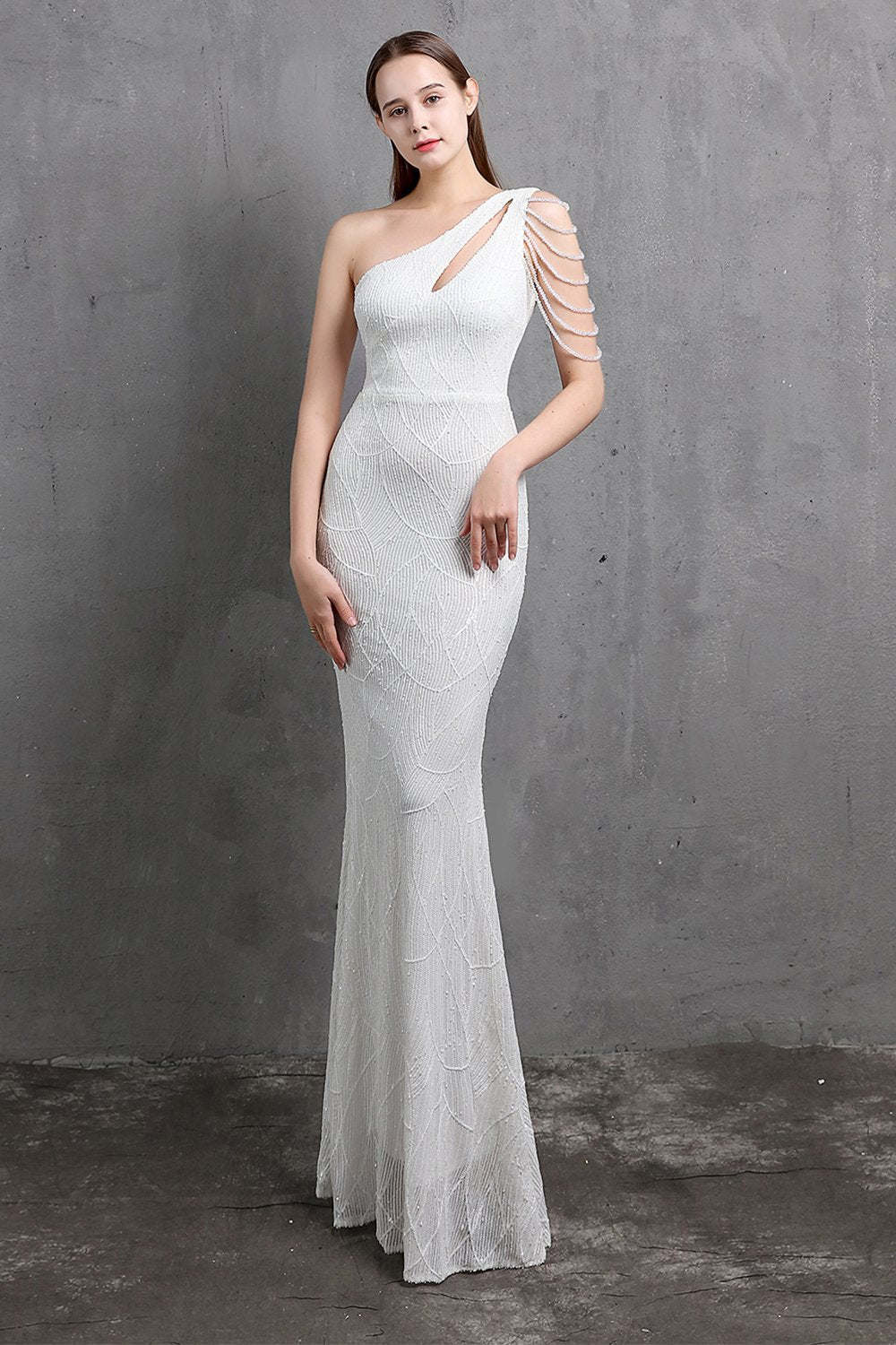 Gold Mermaid One-Shoulder Sequin Bal Dress