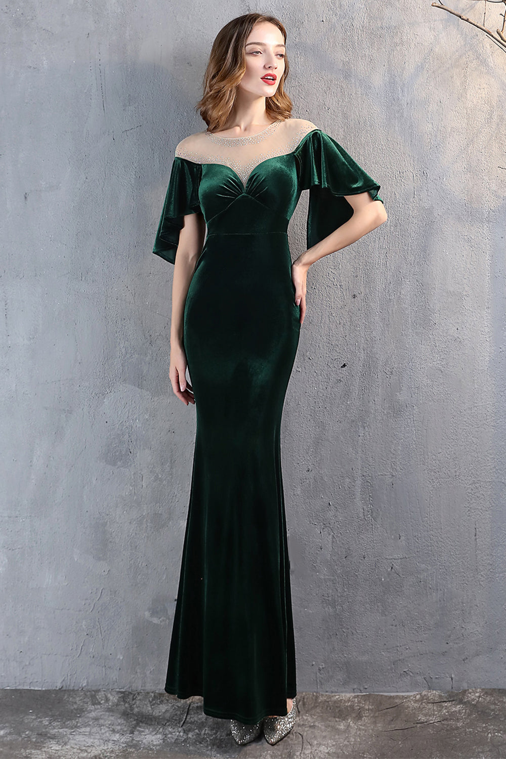 Champagne Velvet Mermaid Long Ball Dress