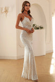 Silver Sequins Ball Dress with Slit