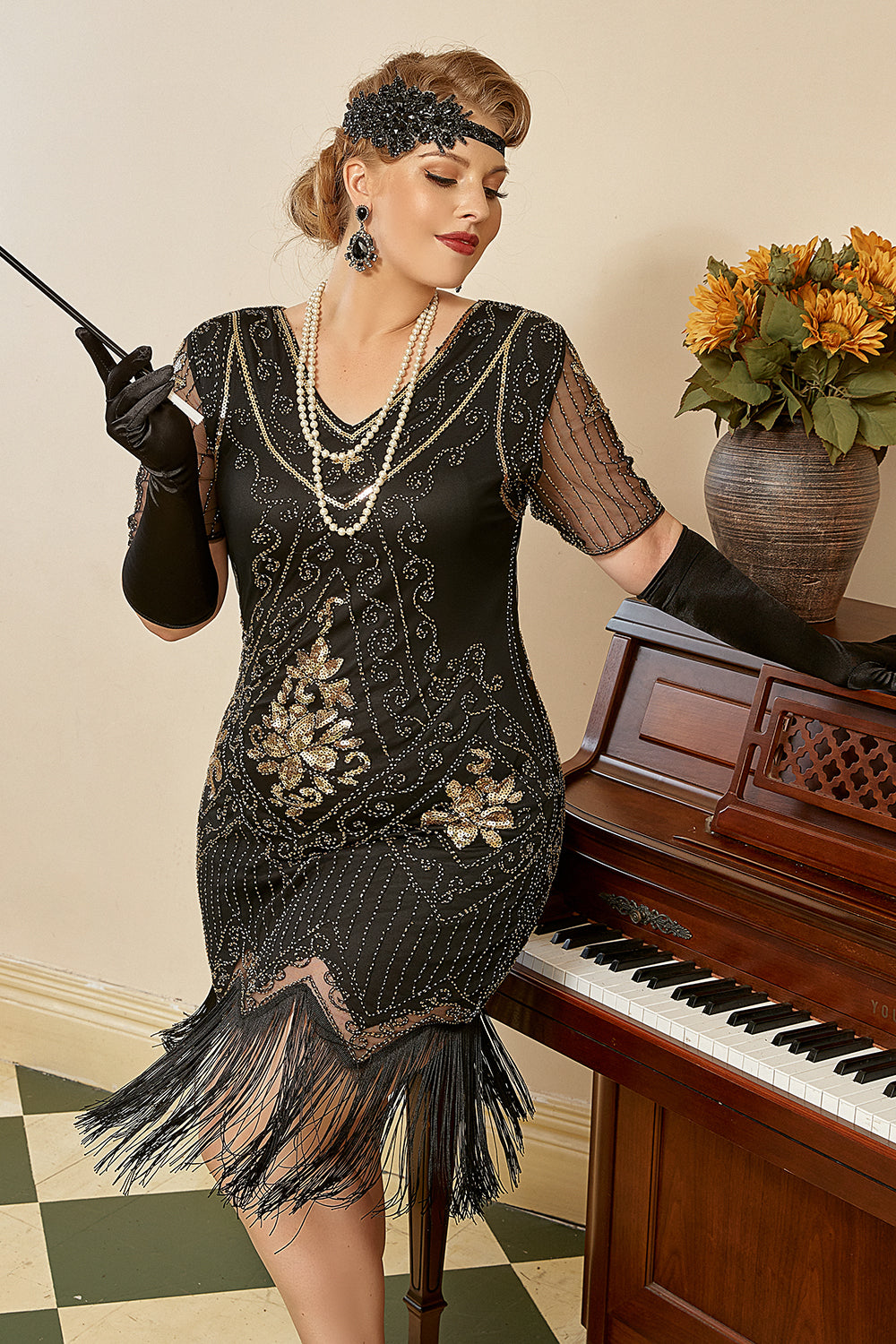 Red Golden Plus Size 1920s Gatsby Sequin Fringed Paisley Flapper Dress