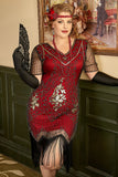 Red Golden Plus Size 1920s Gatsby Sequin Fringed Paisley Flapper Dress