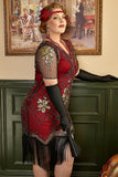 Red Golden Plus Size 1920s Gatsby Sequin Fringed Paisley Flapper Dress