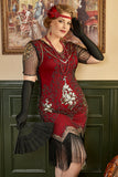 Red Golden Plus Size 1920s Gatsby Sequin Fringed Paisley Flapper Dress