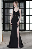 Black Straps Sheer Slit Mermaid Long Formal Dress