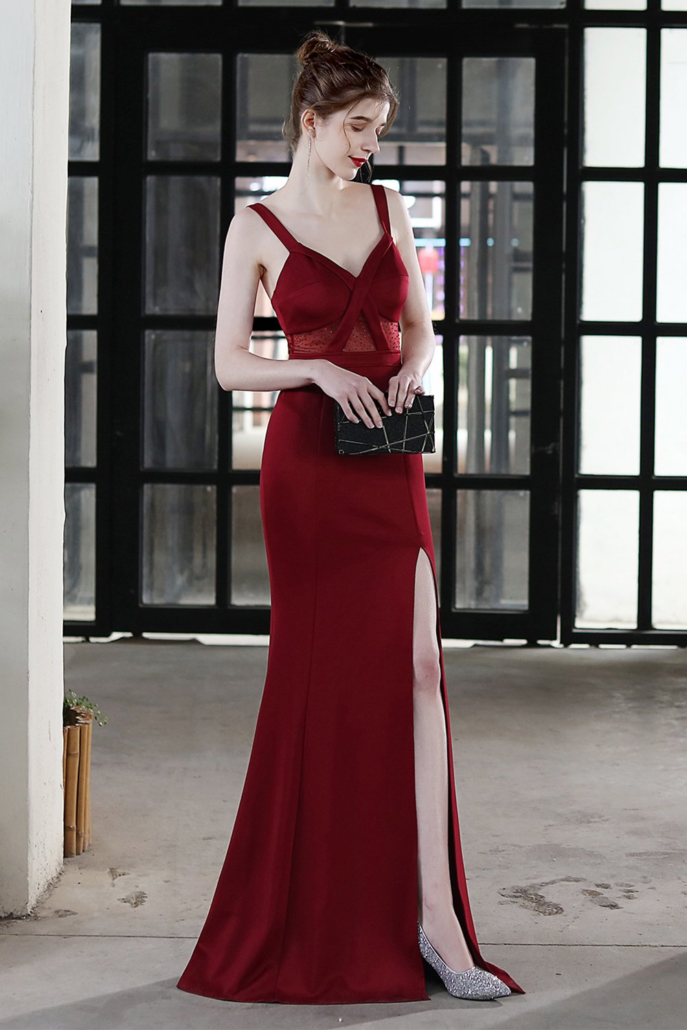 Black Straps Sheer Slit Mermaid Long Formal Dress