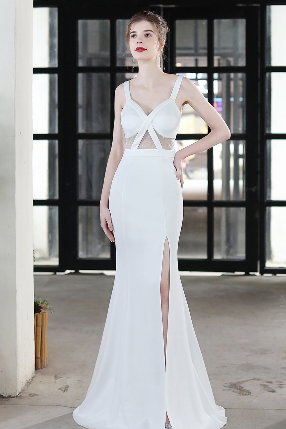 Black Straps Sheer Slit Mermaid Long Formal Dress