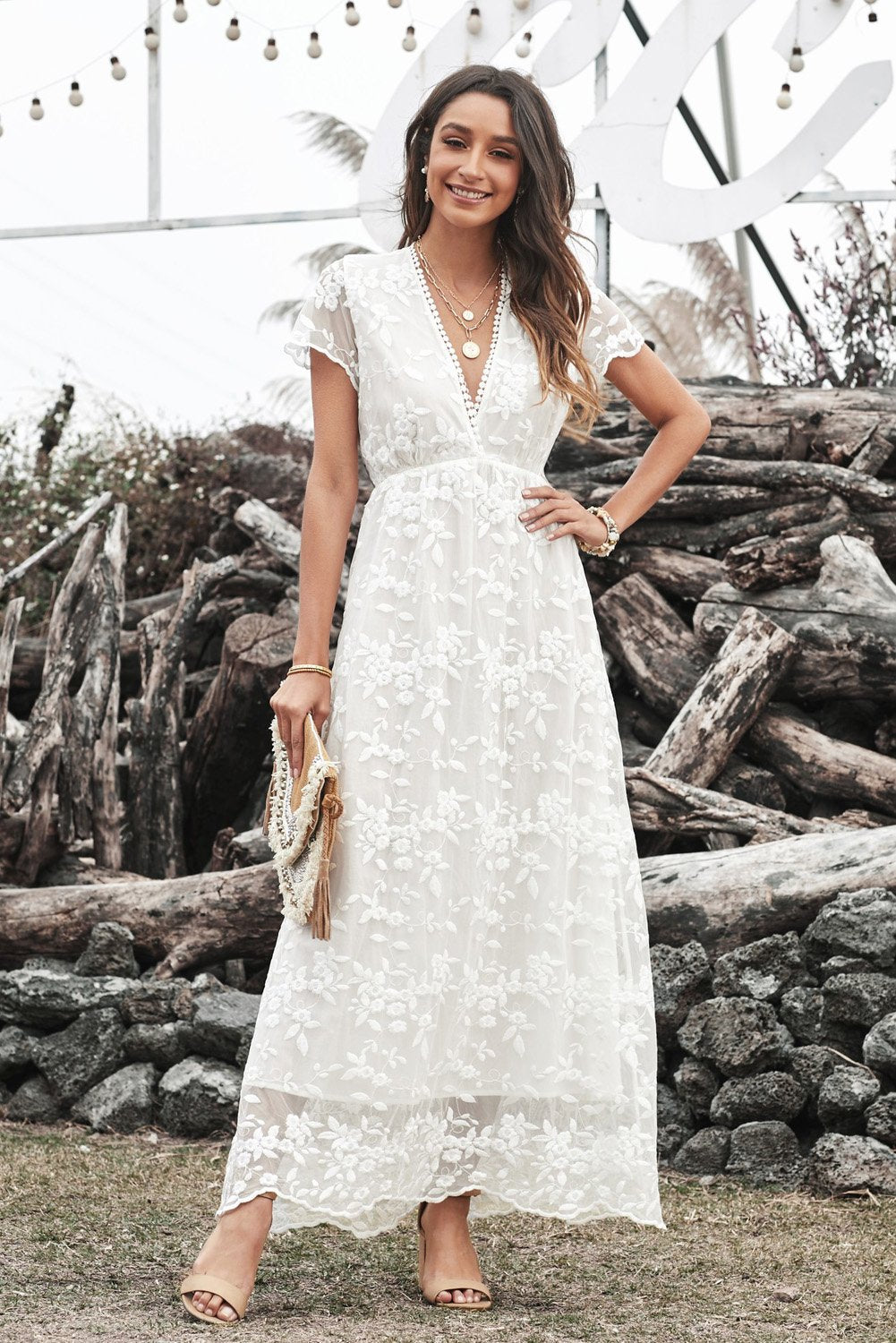 V-neck White Lace Wedding Party Dress