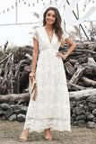 V-neck White Lace Wedding Party Dress