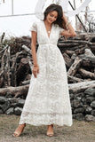 V-neck White Lace Wedding Party Dress