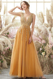 Orange Appliqued V-Neck A-Line Long Tulle Ball Dress