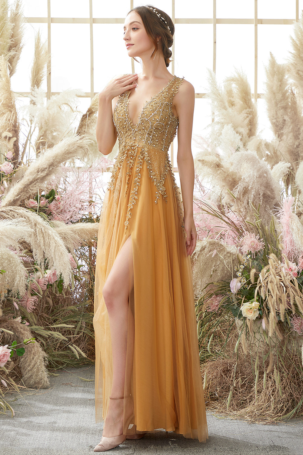 Orange Appliqued V-Neck A-Line Long Tulle Ball Dress