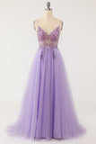 Purple Beaded Tulle Long Ball Dress