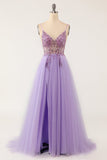 Purple Beaded Tulle Long Ball Dress