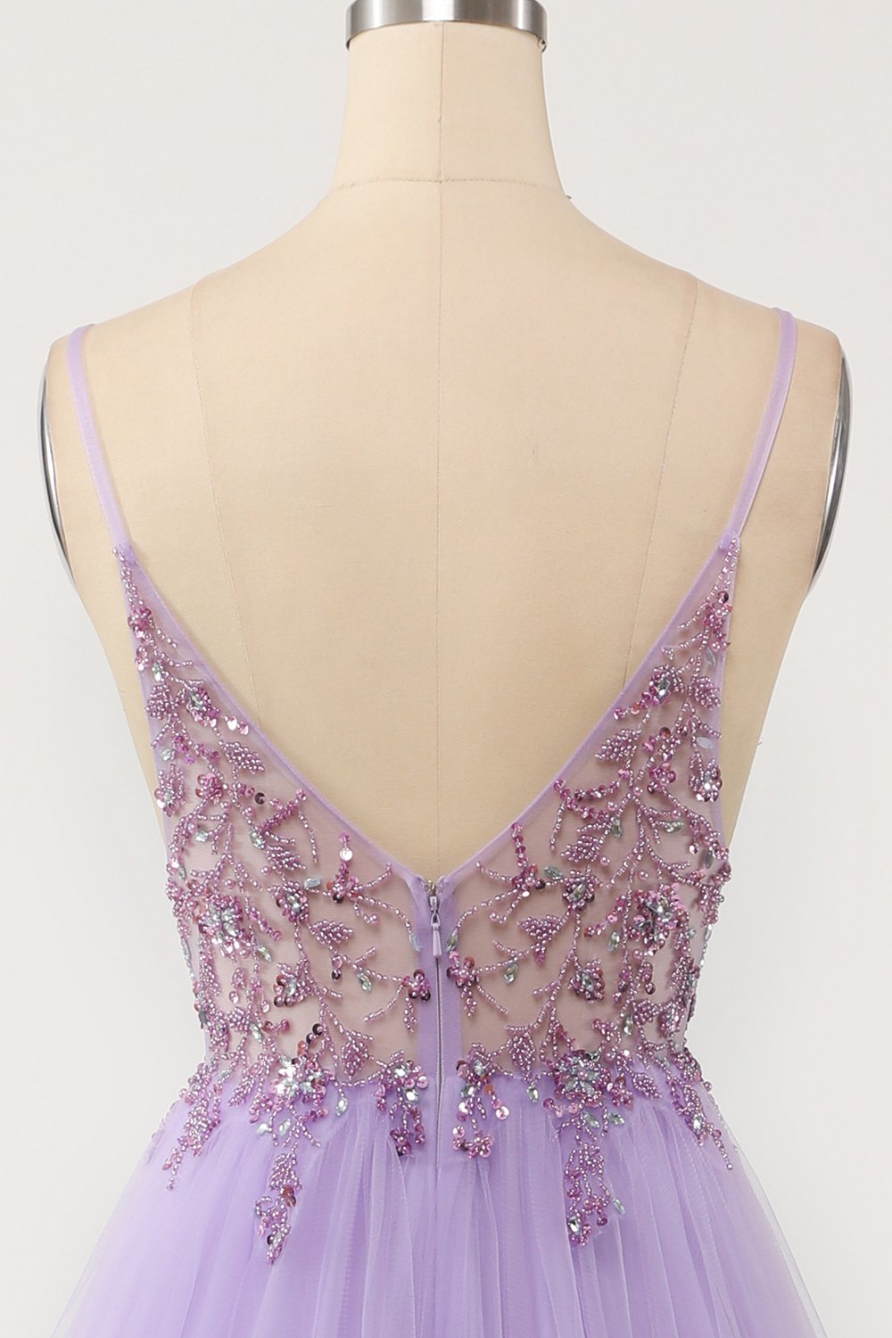 Purple Beaded Tulle Long Ball Dress