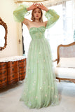 A Line Off the Shoulder Green Plus Size Ball Dress with Embroidery