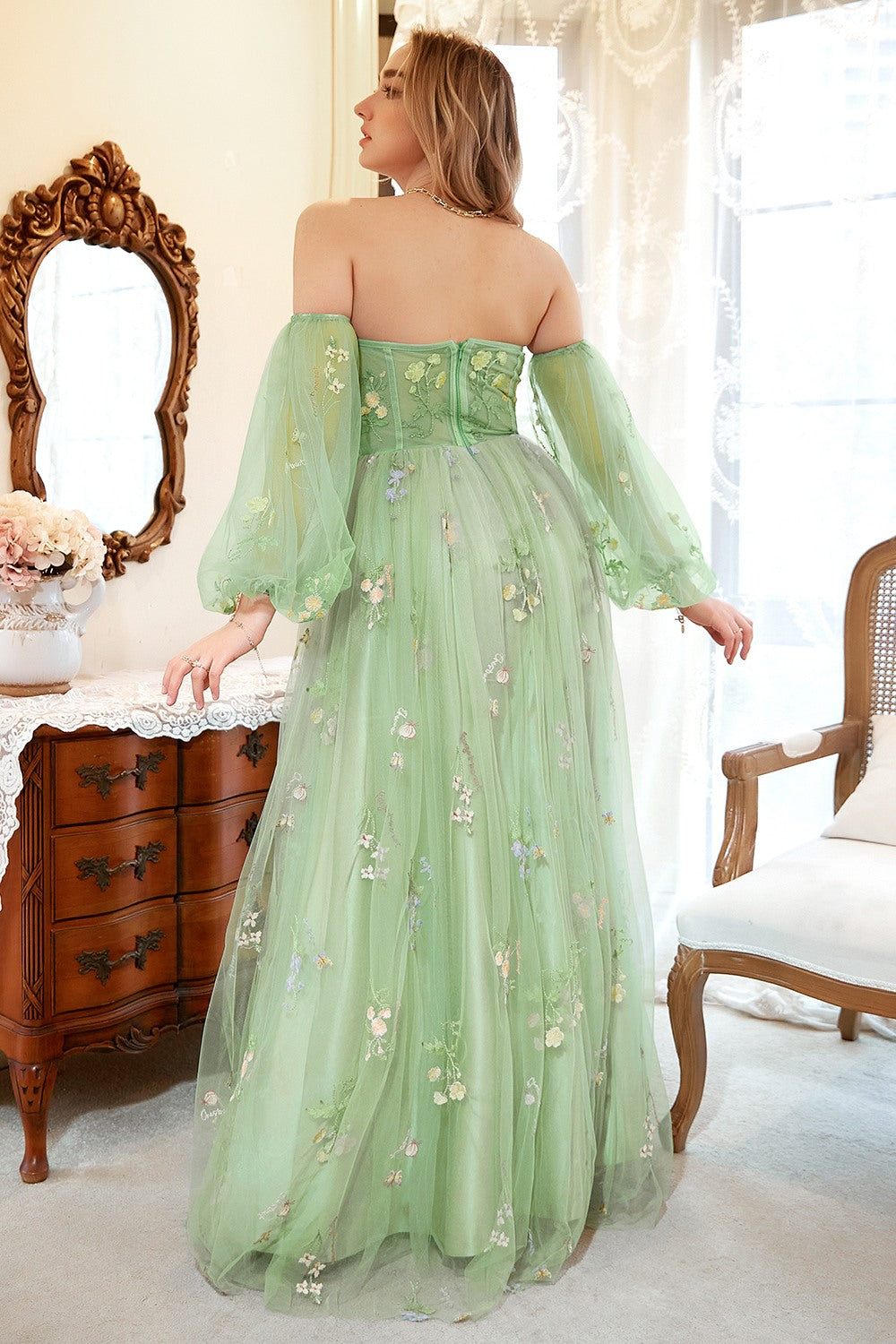 A Line Off the Shoulder Green Plus Size Ball Dress with Embroidery