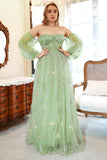 A Line Off the Shoulder Green Plus Size Ball Dress with Embroidery