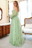 A Line Off the Shoulder Green Plus Size Ball Dress with Embroidery