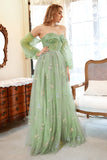 A Line Off the Shoulder Green Plus Size Ball Dress with Embroidery