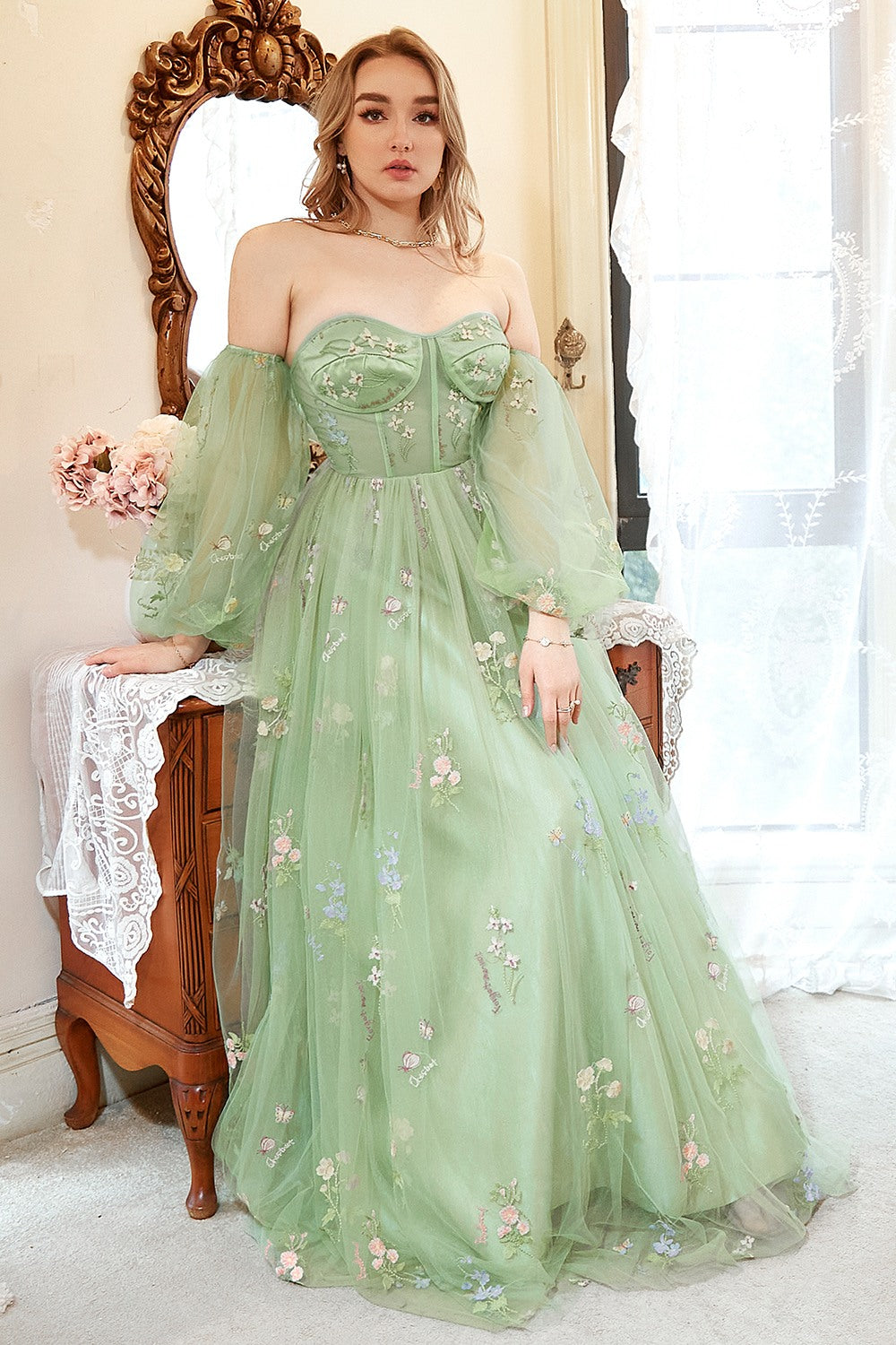 A Line Off the Shoulder Green Plus Size Ball Dress with Embroidery