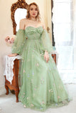 A Line Off the Shoulder Green Plus Size Ball Dress with Embroidery
