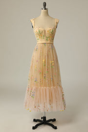 Champagne Sleeveless Sweetheart Long Semi-Formal Dress with Embroidery