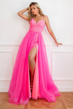 Fuchsia Sequins Tulle Ball Dress with Split Front