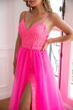 Fuchsia Sequins Tulle Ball Dress with Split Front