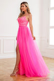Fuchsia Sequins Tulle Ball Dress with Split Front