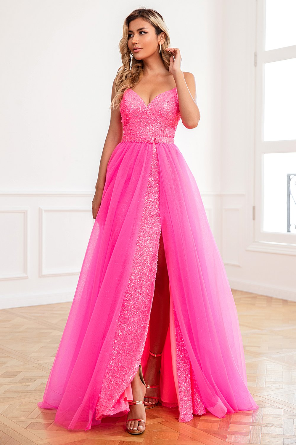 Fuchsia Sequins Tulle Ball Dress with Split Front