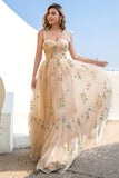 A Line Empire Waist Long Champagne Formal Dress with Appliques