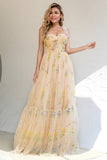 A Line Empire Waist Long Champagne Formal Dress with Appliques