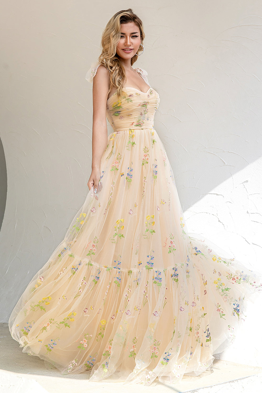 A Line Empire Waist Long Champagne Formal Dress with Appliques