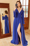 A Line Off the Shoulder Royal Blue Ball Dress with Split Front