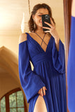 A Line Off the Shoulder Royal Blue Ball Dress with Split Front