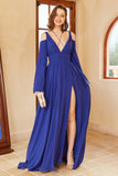 A Line Off the Shoulder Royal Blue Ball Dress with Split Front
