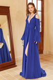 A Line Off the Shoulder Royal Blue Ball Dress with Split Front