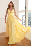 Simple Yellow V-Neck Empire Split Floor-Length Dress