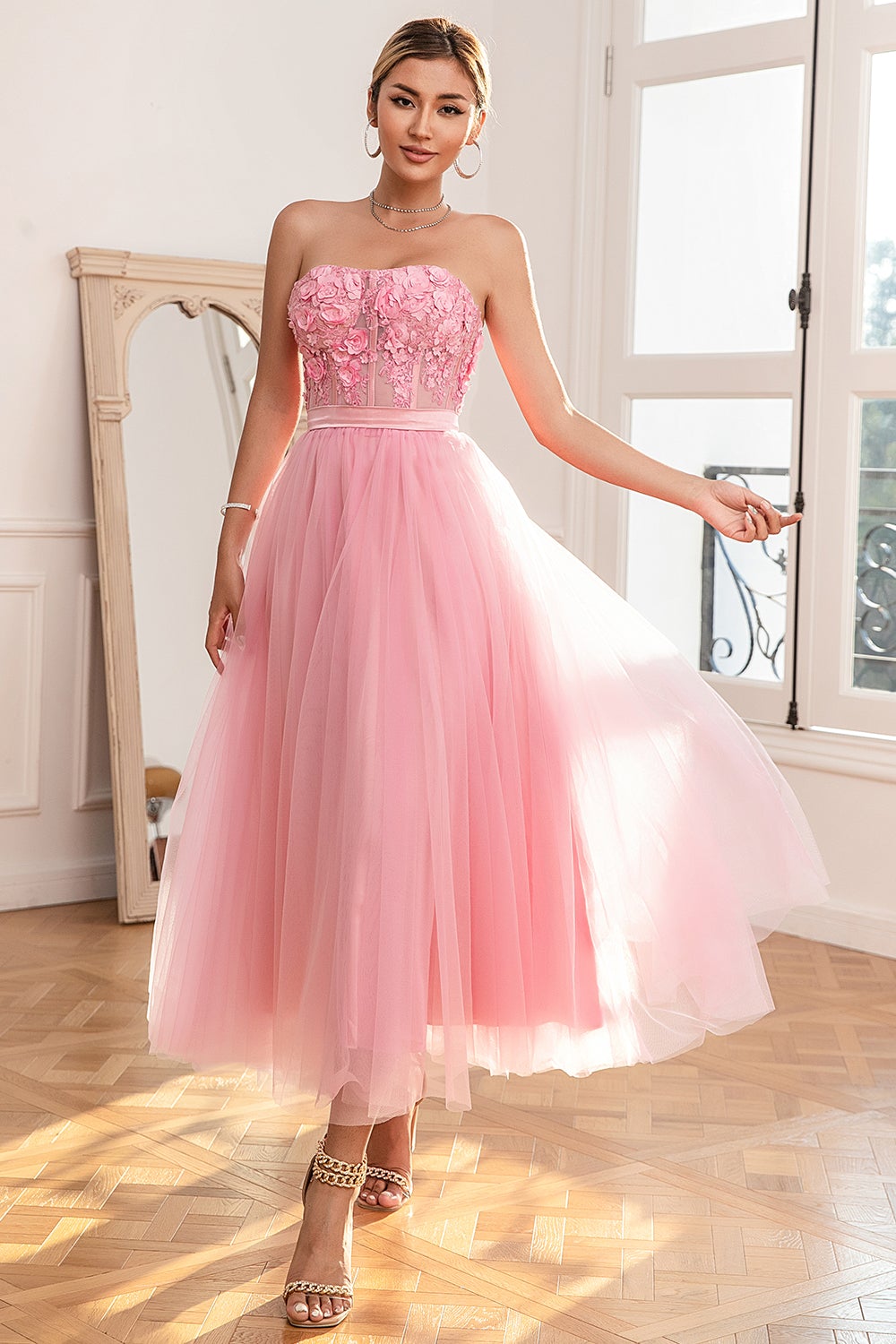 Gorgeous A-Line Strapless Pink Ball Dress with Appliques