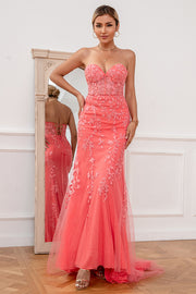 Strapless Coral Appliqued Tulle Long Ball Dress