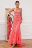 Strapless Coral Appliqued Tulle Long Ball Dress