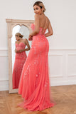Strapless Coral Appliqued Tulle Long Ball Dress