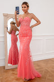 Strapless Coral Appliqued Tulle Long Ball Dress