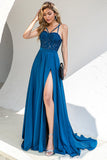Blue Lightweight Split Lace Formal Dress